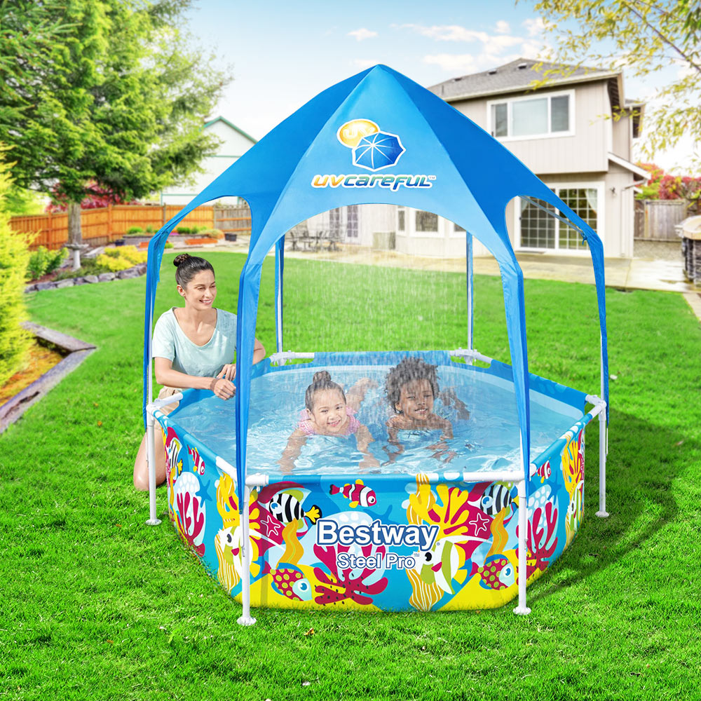 Bestway Kids Pool 183x51cm Steel Frame Swimming Play Pools Canopy 930L