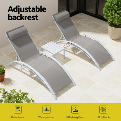Gardeon 3PC Sun Lounge Outdoor Lounger Table Chairs Steel Patio Furniture Garden