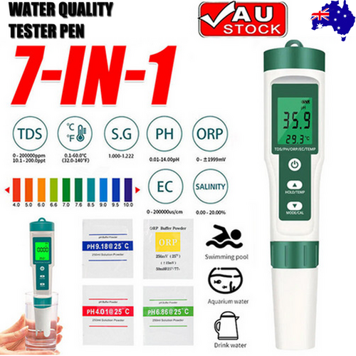 7 In 1 PH Meter TDS/EC/Salt/Temp Water Quality Monitor Tester Pen Pool Aquarium