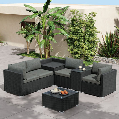 7PC Outdoor Wicker Loveseat Setting with Storage Corner (Black)