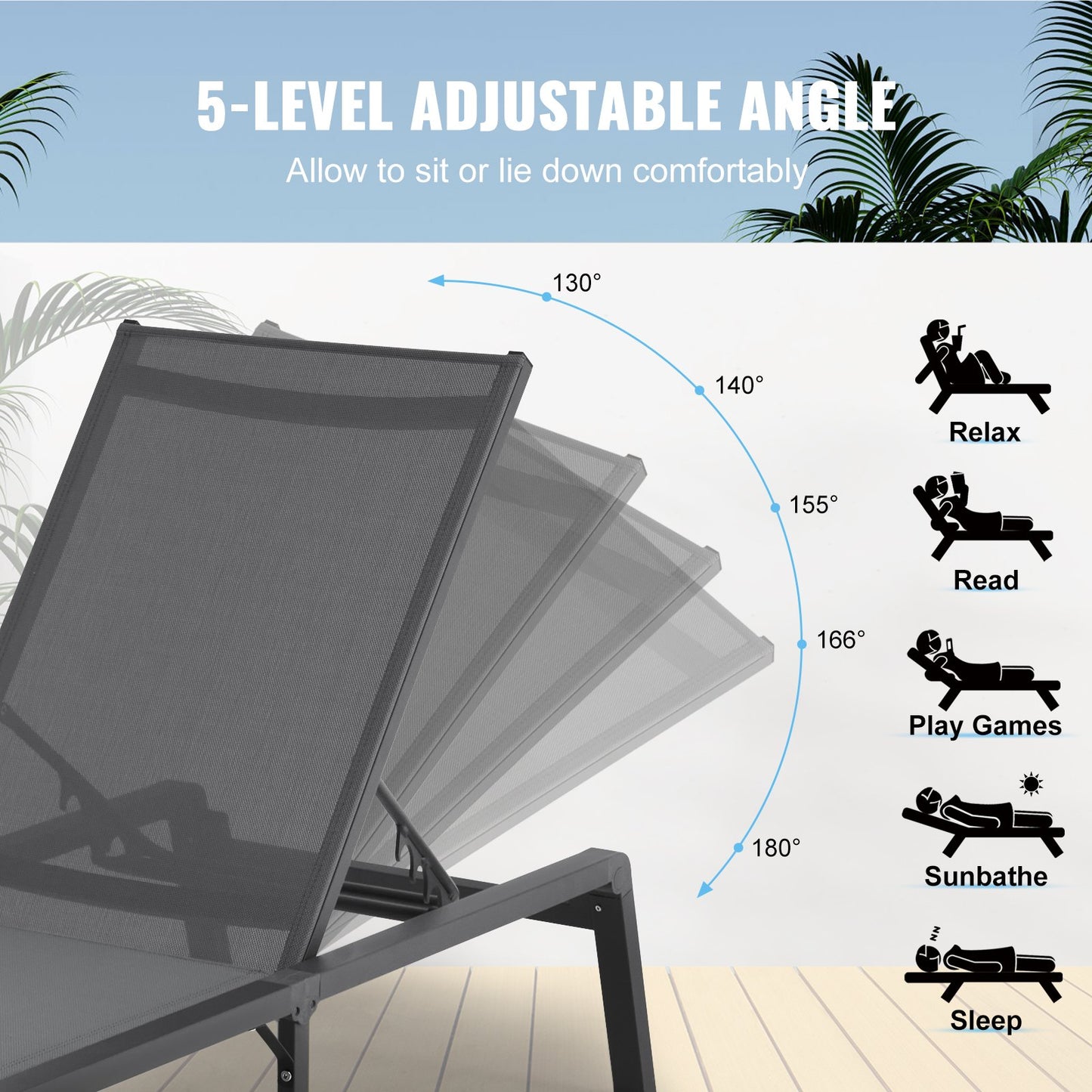 Chaise Lounge Chair Outdoor Patio Lounge Chair Adjustable 5-Position 2 pcs