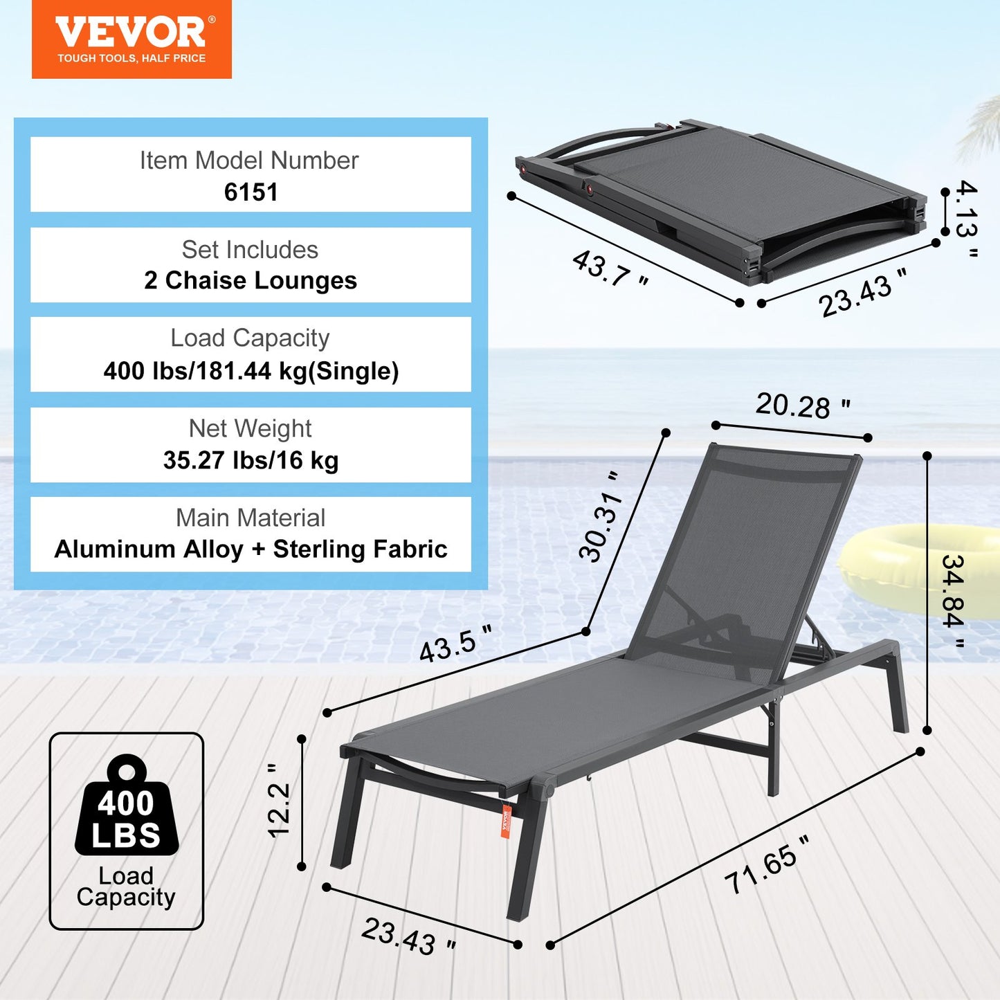 Chaise Lounge Chair Outdoor Patio Lounge Chair Adjustable 5-Position 2 pcs